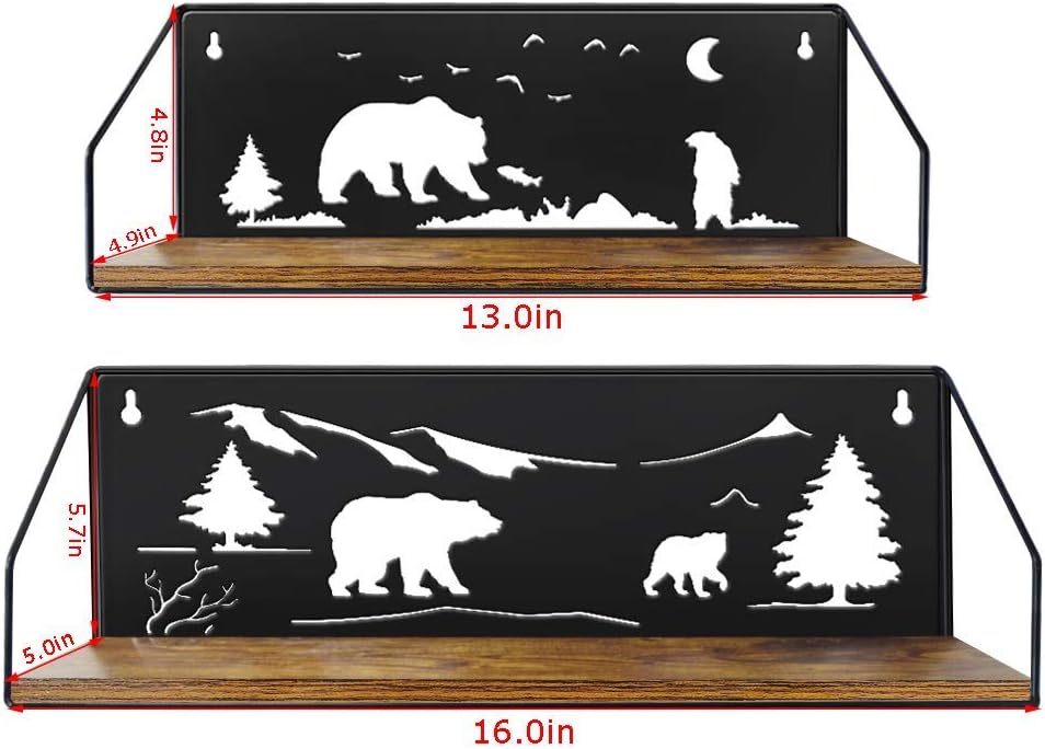 Giftgarden Floating Shelves for Wall with Unique Adorable Bears Cutouts, Rustic Wooden Iron Wall Shelf Bear Decor for Bathroom Cabin Lodge Bedroom Kitchen Living Room Nursery, Black, Set of 2 Bear Shelves