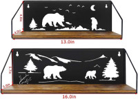 Giftgarden Floating Shelves for Wall with Unique Adorable Bears Cutouts, Rustic Wooden Iron Wall Shelf Bear Decor for Bathroom Cabin Lodge Bedroom Kitchen Living Room Nursery, Black, Set of 2 Bear Shelves