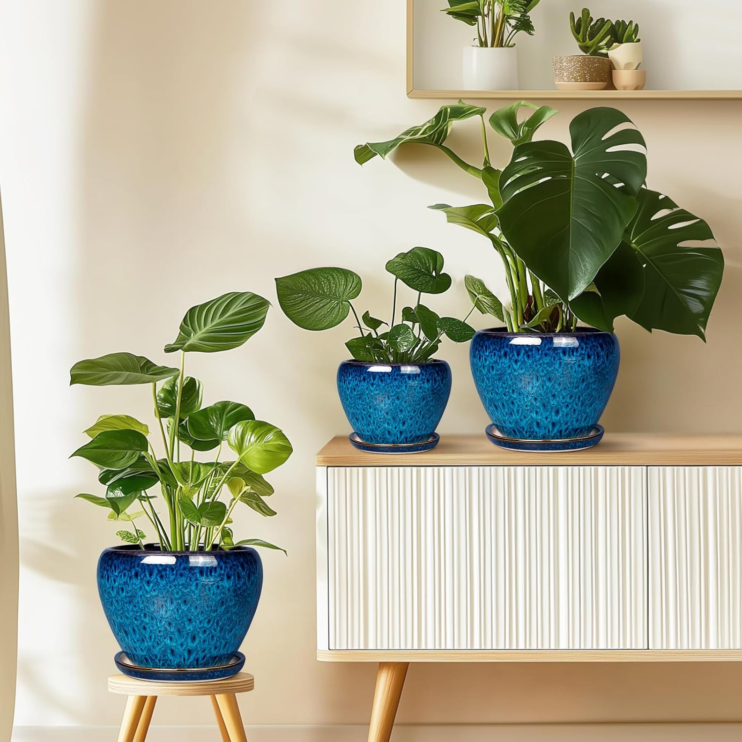 Ceramic Modern Glaze Succulent Planter Pot with Drainage Hole and Saucer 6 Inch Round Flower Plant Pot for Indoor Outdoor Herb Snake Plants 6 Inch Blue