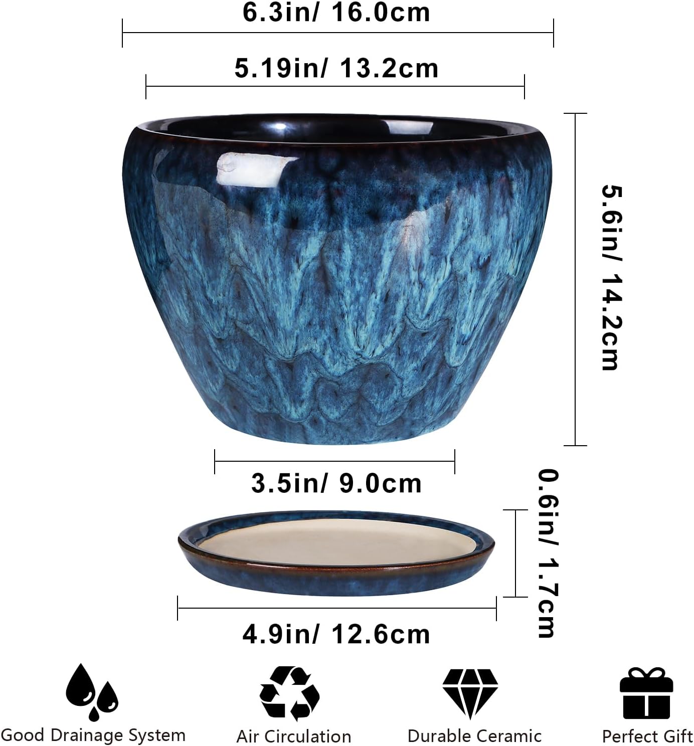 Ceramic Modern Glaze Succulent Planter Pot with Drainage Hole and Saucer 6 Inch Round Flower Plant Pot for Indoor Outdoor Herb Snake Plants 6 Inch Blue