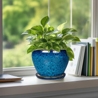 Ceramic Modern Glaze Succulent Planter Pot with Drainage Hole and Saucer 6 Inch Round Flower Plant Pot for Indoor Outdoor Herb Snake Plants 6 Inch Blue