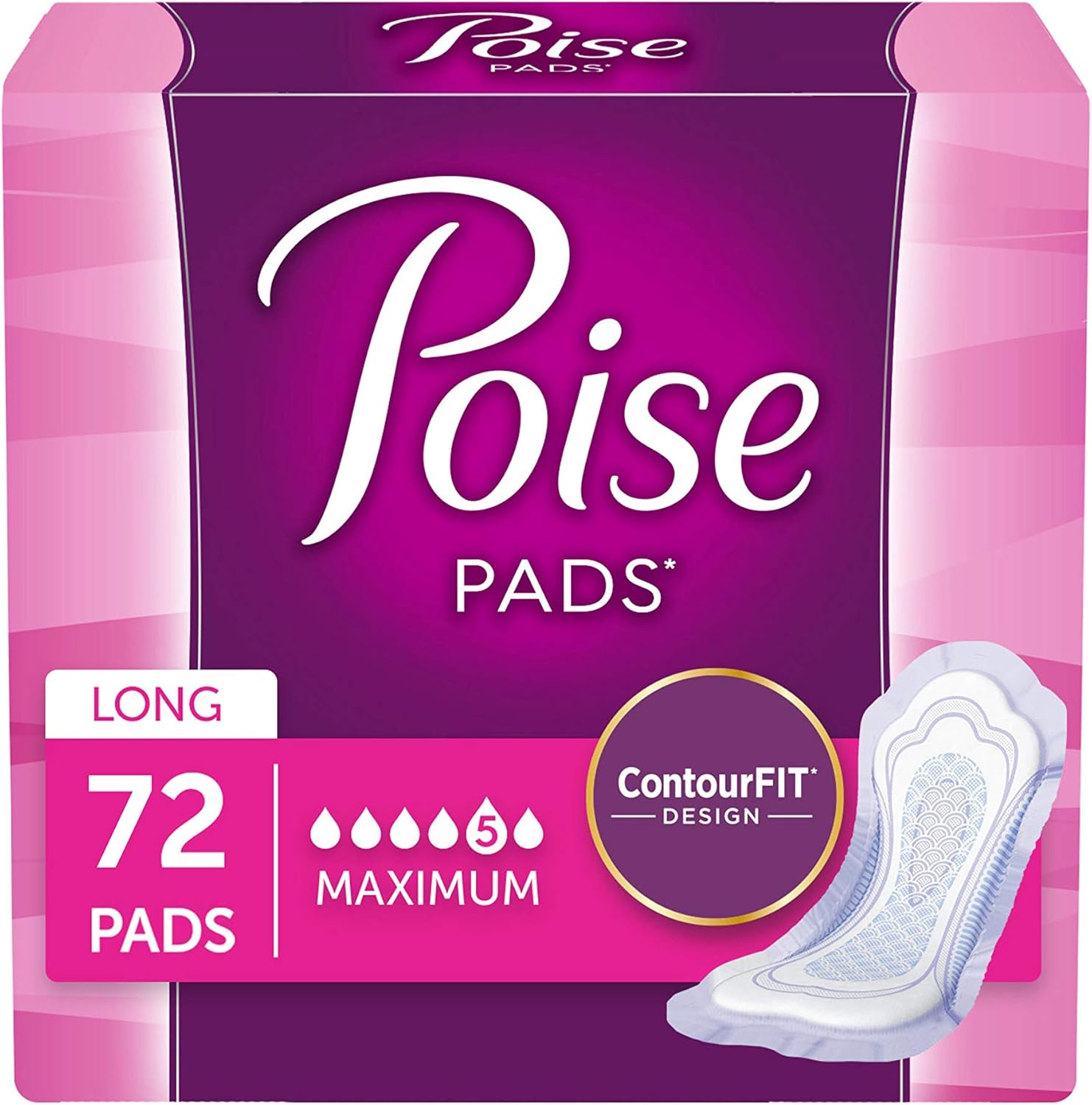 Poise Incontinence Pads, Maximum Absorbency, Long, 12 Count (6 Cases)