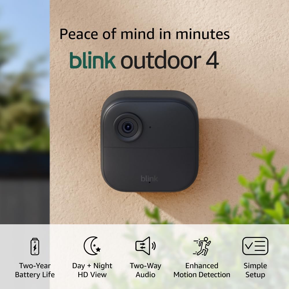 Blink Outdoor 4 (newest model) – Wireless smart security camera, two-year battery life, 1080p HD day and infrared night live view, two-way talk. Sync Module Core included – 3 camera system Camera (2-year battery life) 3 Camera System
