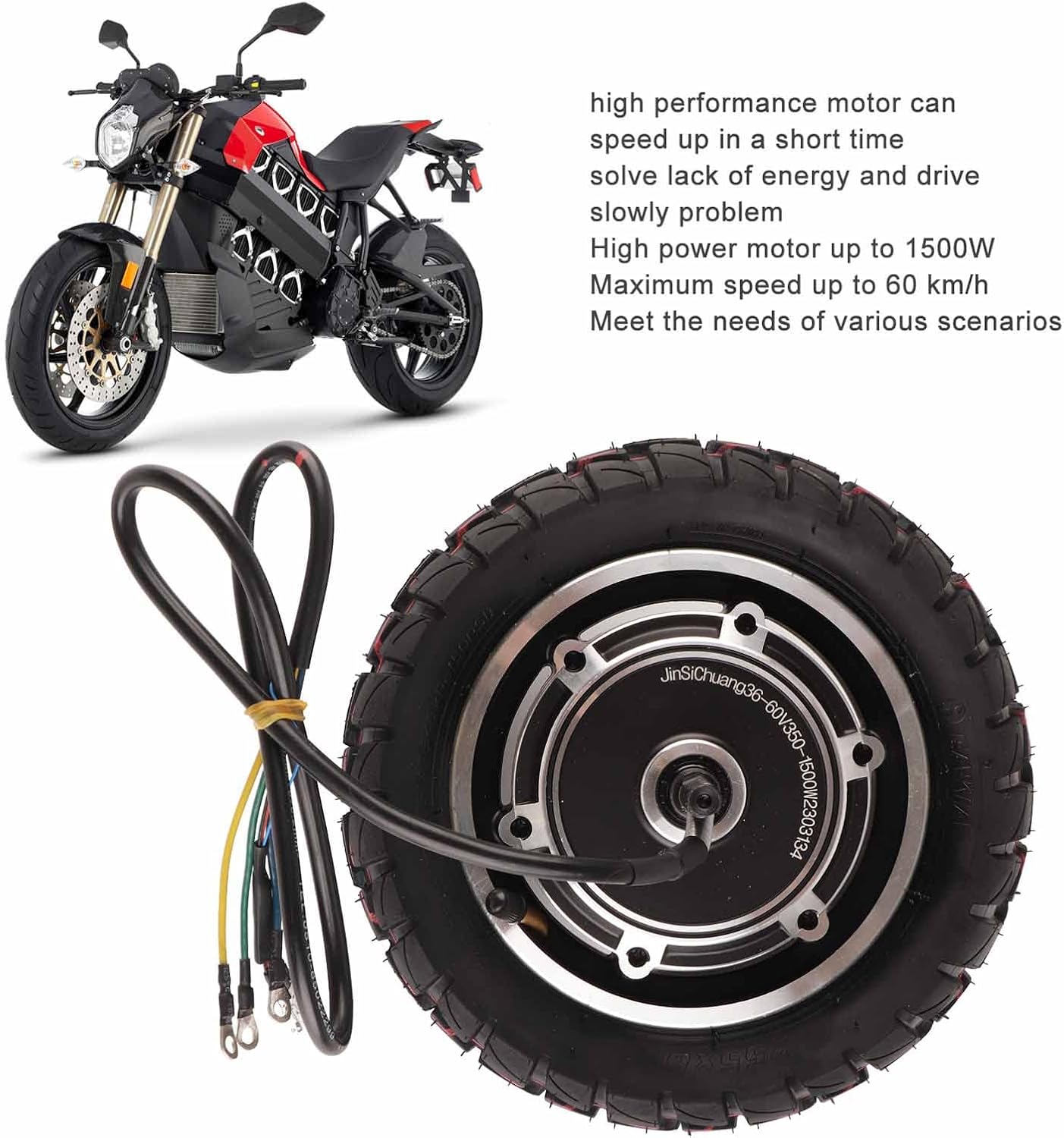 10inch 36V 60V 350W 1500W Electric Scooter Hub Motor Wheel Kit, Aluminum Alloy Brushless Gearless Motor for Electric Motorcycle Off Road Scooter
