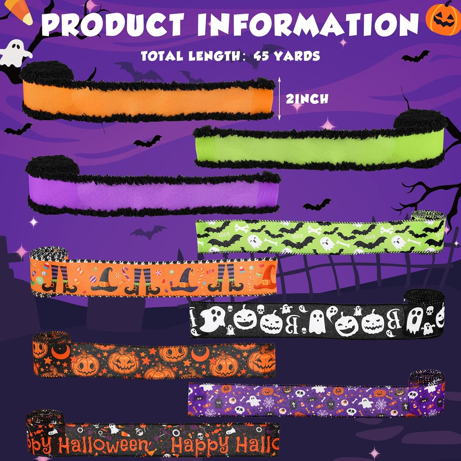9 Rolls 45 Yards Halloween Ribbon Wired Edge Ribbons for Wreaths Bow Bat Spider Web Pumpkin Ghost Print Craft Ribbon Burlap Grosgrain Ribbon for Spooky Party Decorations DIY Supplies Gift multicolor
