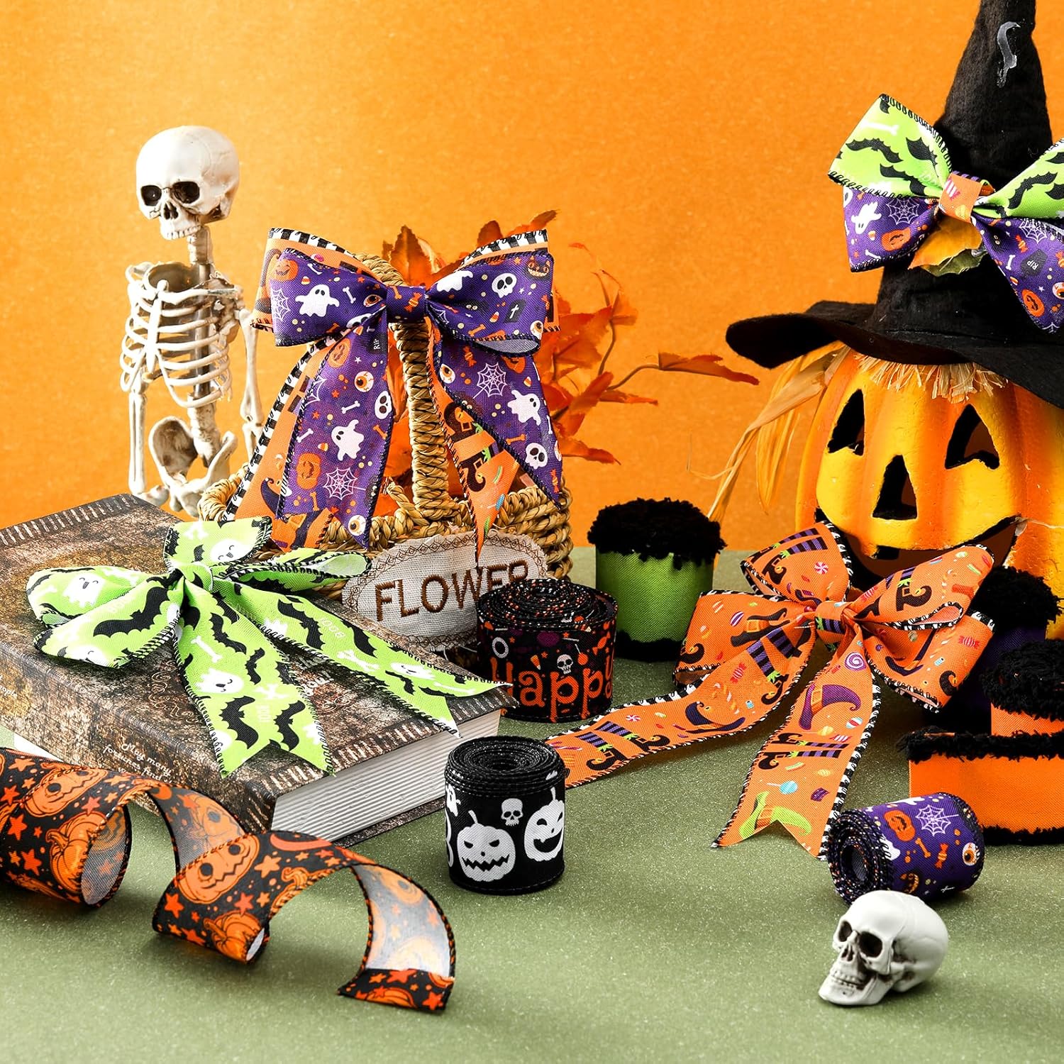 9 Rolls 45 Yards Halloween Ribbon Wired Edge Ribbons for Wreaths Bow Bat Spider Web Pumpkin Ghost Print Craft Ribbon Burlap Grosgrain Ribbon for Spooky Party Decorations DIY Supplies Gift multicolor