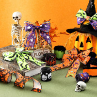 9 Rolls 45 Yards Halloween Ribbon Wired Edge Ribbons for Wreaths Bow Bat Spider Web Pumpkin Ghost Print Craft Ribbon Burlap Grosgrain Ribbon for Spooky Party Decorations DIY Supplies Gift multicolor