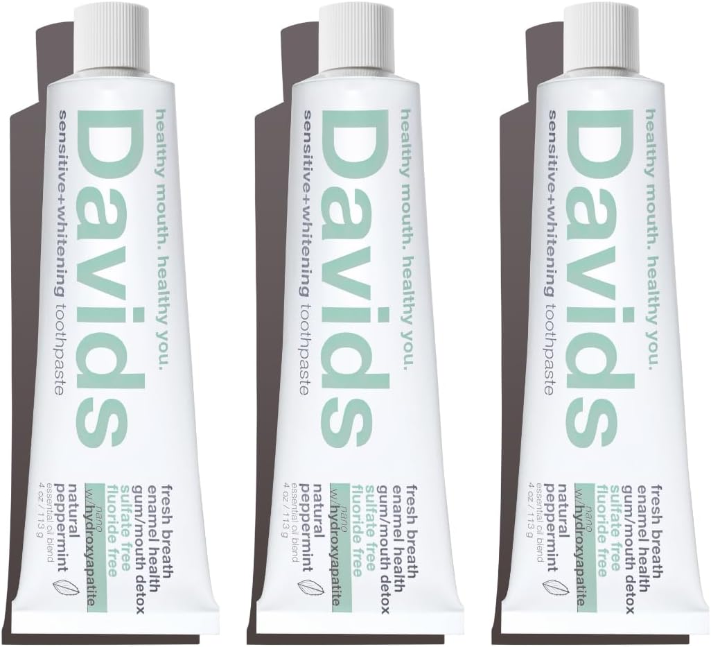 Davids Hydroxi™ Fluoride Free Nano Hydroxyapatite Toothpaste for Remineralizing Enamel & Sensitive Relief, Whitening, Antiplaque, SLS Free, Natural Peppermint, 4oz, Made in USA (3 Pack) Sensitive Mint 4 Ounce (Pack of 3)