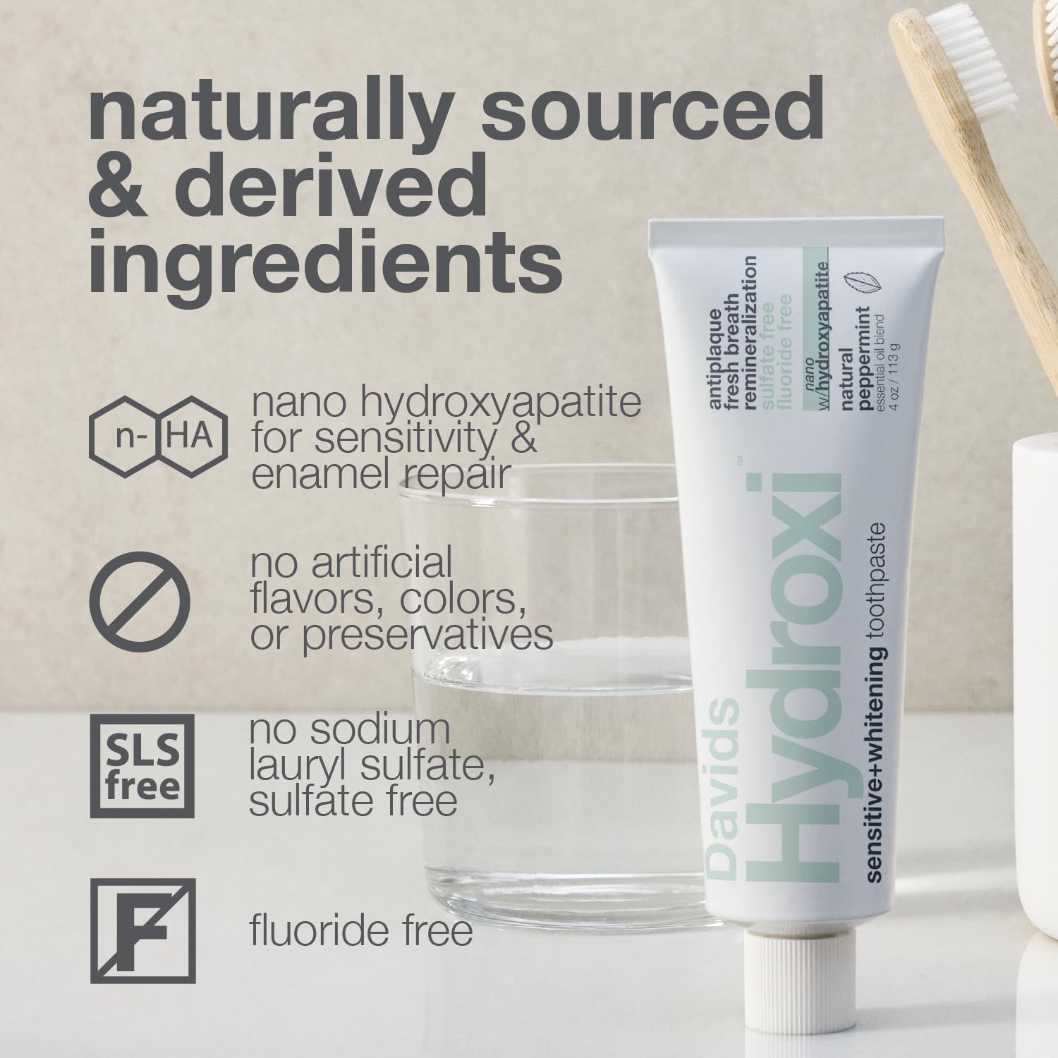 Davids Hydroxi™ Fluoride Free Nano Hydroxyapatite Toothpaste for Remineralizing Enamel & Sensitive Relief, Whitening, Antiplaque, SLS Free, Natural Peppermint, 4oz, Made in USA (3 Pack) Sensitive Mint 4 Ounce (Pack of 3)