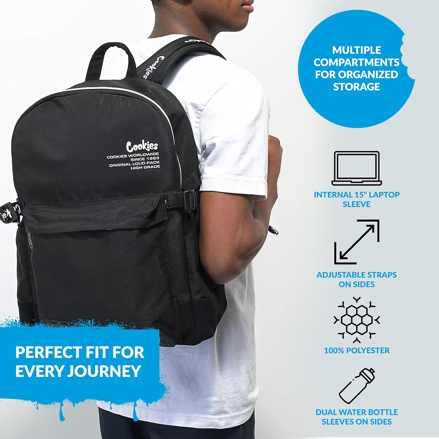 COOKIES Off The Grid Smell Proof Backpack – Odor Proof Travel Backpack with Laptop Sleeve, Multiple Pockets, 24.5L Capacity – Durable School, Gym, Work, Office & Everyday Streetwear Bag - Black