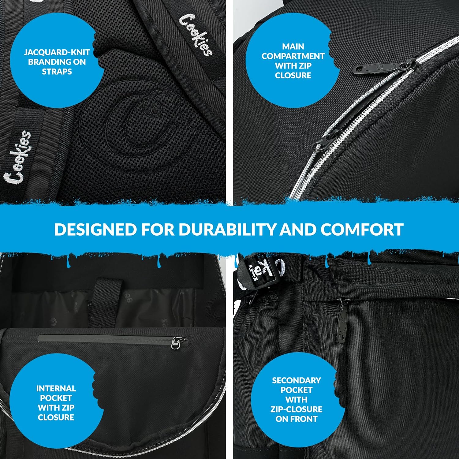 COOKIES Off The Grid Smell Proof Backpack – Odor Proof Travel Backpack with Laptop Sleeve, Multiple Pockets, 24.5L Capacity – Durable School, Gym, Work, Office & Everyday Streetwear Bag - Black