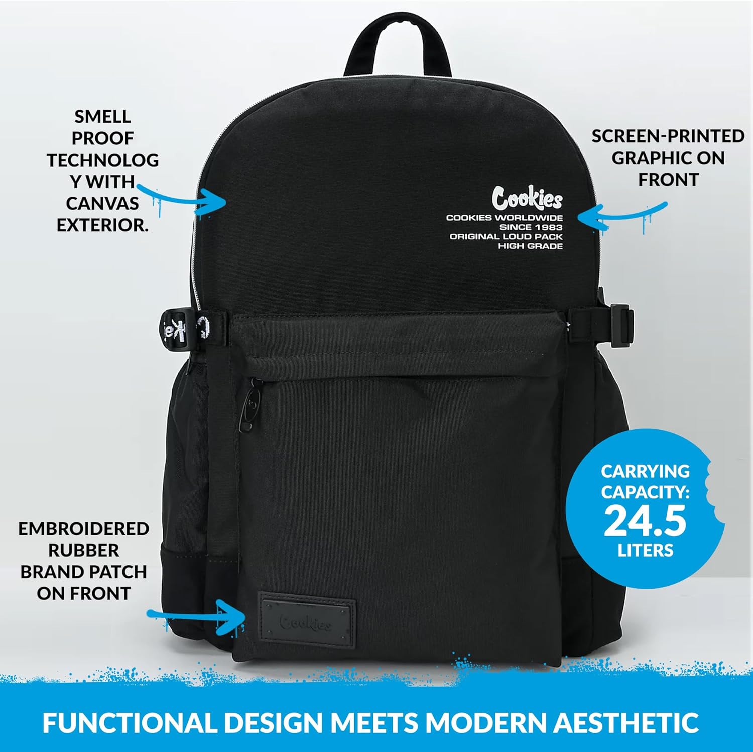 COOKIES Off The Grid Smell Proof Backpack – Odor Proof Travel Backpack with Laptop Sleeve, Multiple Pockets, 24.5L Capacity – Durable School, Gym, Work, Office & Everyday Streetwear Bag - Black