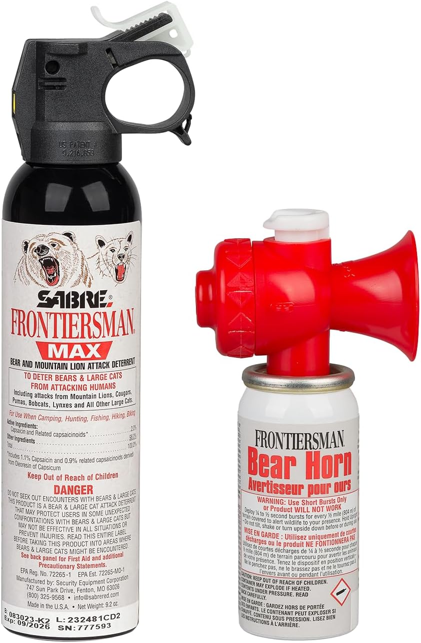 SABRE Frontiersman MAX 9.2 oz. Bear & Mountain Lion Attack Deterrent, Up to 40 ft Range, Contains 2% Major Capsaicinoids + Frontiersman Bear Horn (FBH-LT-AMZ) Kit, Glow-in-The-Dark Safety