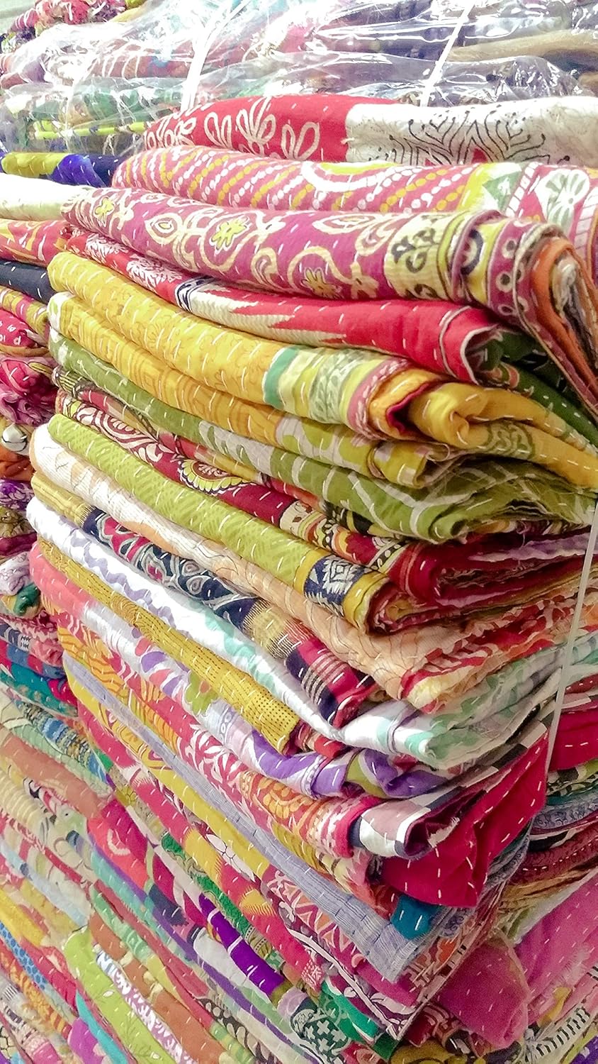 Indian Wholesale Kantha Quilt Lot 5 PCs Tribal Kantha Quilt Vintage Handmade Blanket Patch Kantha Throw Hippie Bohemian Old Saree Made Kantha Rally Twin Assorted