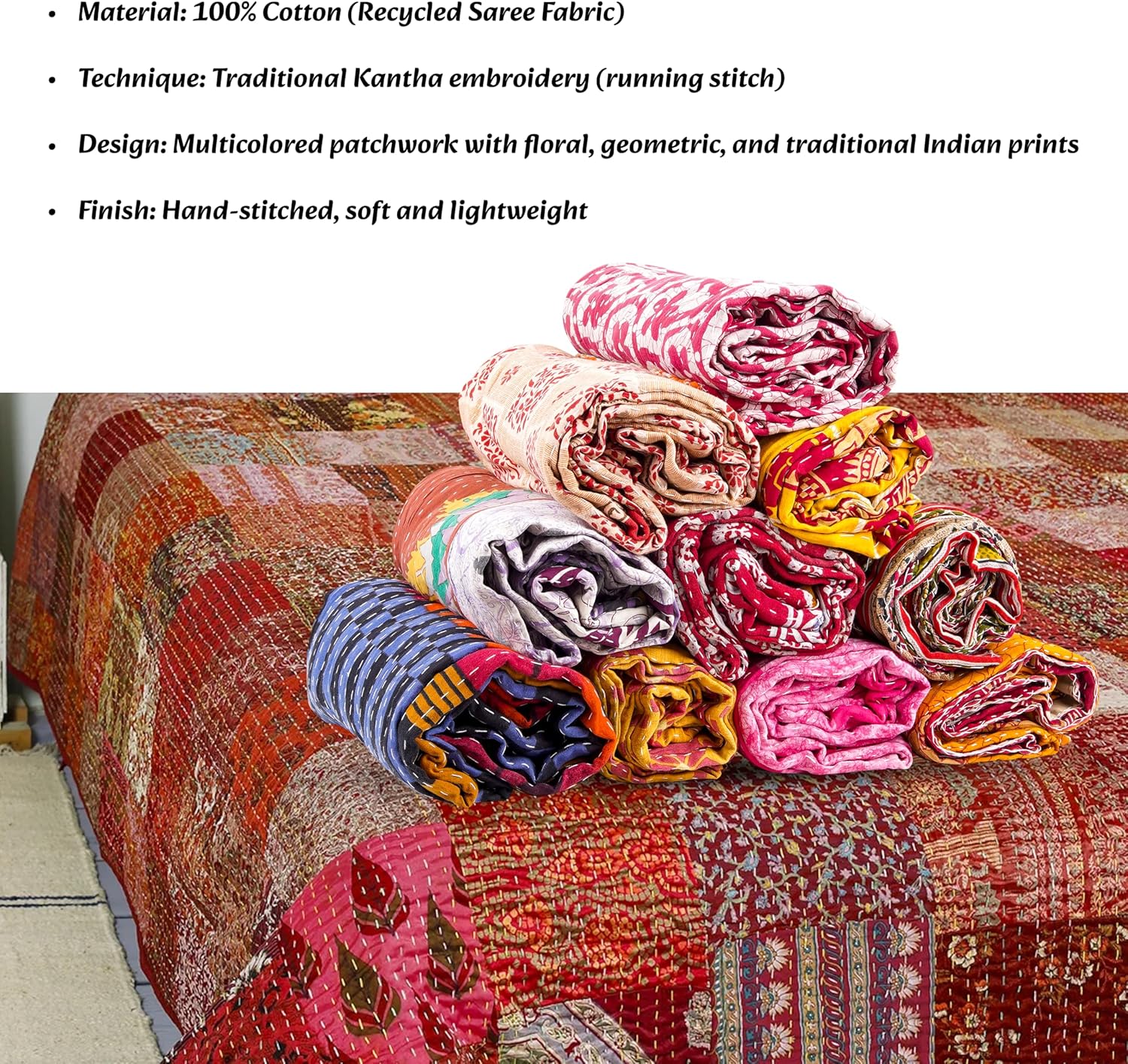 Indian Wholesale Kantha Quilt Lot 5 PCs Tribal Kantha Quilt Vintage Handmade Blanket Patch Kantha Throw Hippie Bohemian Old Saree Made Kantha Rally Twin Assorted