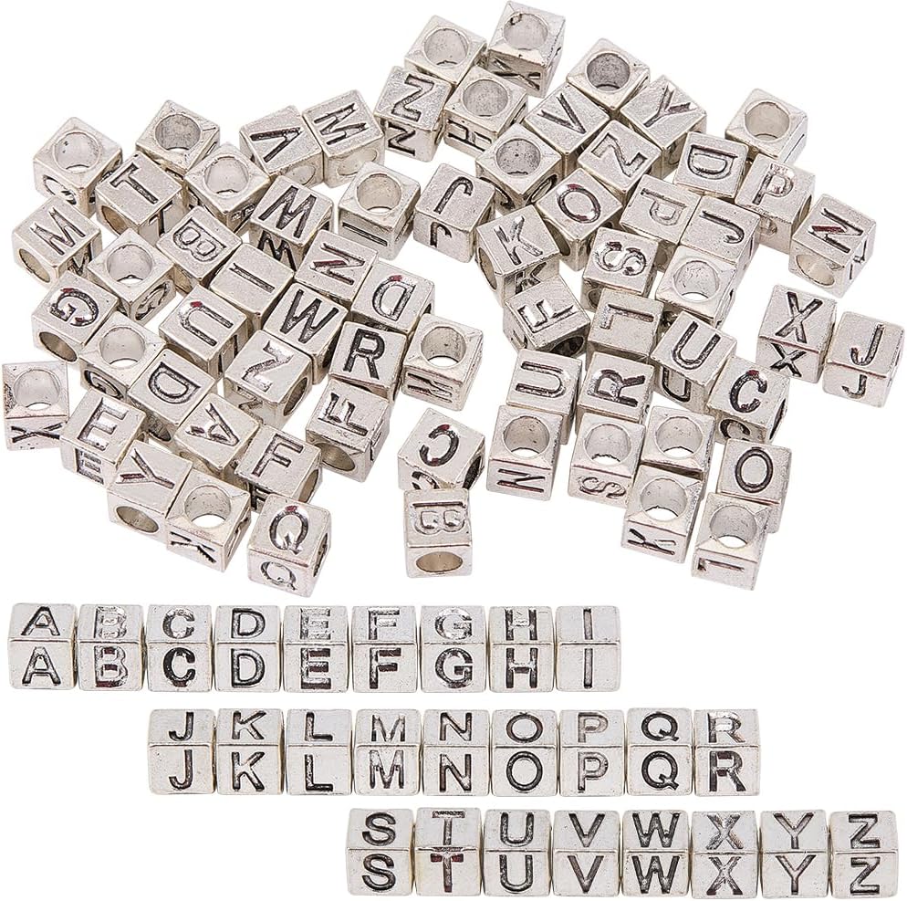 SUNNYCLUE 1 Box 104Pcs 26 Styles Silver Letter Beads Square Alphabet Bead Kit Metal Alloy Antique Cube A to B Charm Large Hole Loose Spacer Beads for Jewelry Making Necklaces Bracelets DIY Crafts Antique Silver