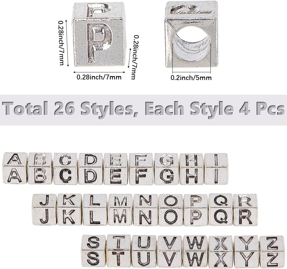 SUNNYCLUE 1 Box 104Pcs 26 Styles Silver Letter Beads Square Alphabet Bead Kit Metal Alloy Antique Cube A to B Charm Large Hole Loose Spacer Beads for Jewelry Making Necklaces Bracelets DIY Crafts Antique Silver