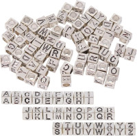 SUNNYCLUE 1 Box 104Pcs 26 Styles Silver Letter Beads Square Alphabet Bead Kit Metal Alloy Antique Cube A to B Charm Large Hole Loose Spacer Beads for Jewelry Making Necklaces Bracelets DIY Crafts Antique Silver