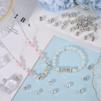 SUNNYCLUE 1 Box 104Pcs 26 Styles Silver Letter Beads Square Alphabet Bead Kit Metal Alloy Antique Cube A to B Charm Large Hole Loose Spacer Beads for Jewelry Making Necklaces Bracelets DIY Crafts Antique Silver