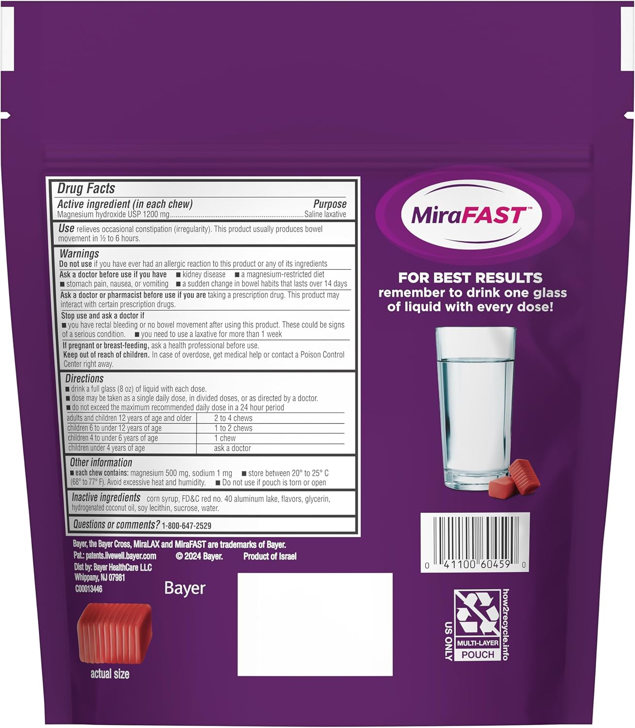 MiraFAST Soft Chews, from The Makers of MiraLAX, Gentle Constipation Relief, Fast Acting, Stimulant Free Saline Laxative, Magnesium Hydroxide, Blueberry & Raspberry Flavor, 60ct