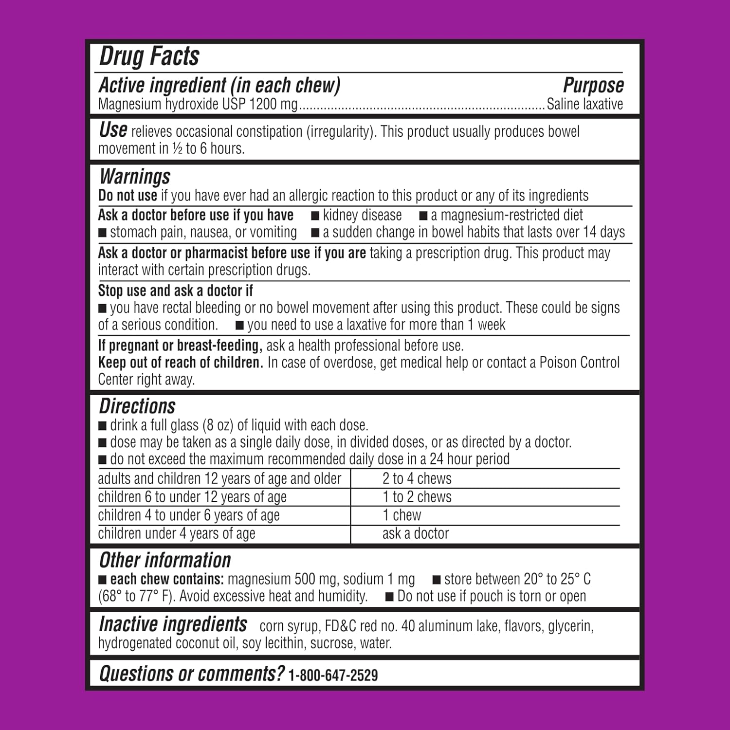 MiraFAST Soft Chews, from The Makers of MiraLAX, Gentle Constipation Relief, Fast Acting, Stimulant Free Saline Laxative, Magnesium Hydroxide, Blueberry & Raspberry Flavor, 60ct