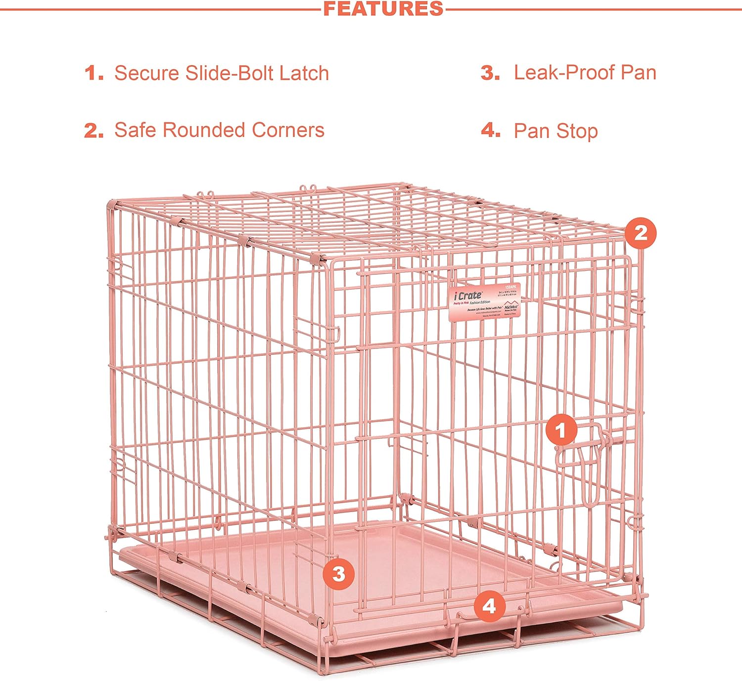 MidWest Homes for Pets 24-Inch Pink Fashion iCrate Single Door Folding Dog Crate, Enhanced Security, Includes Leak-Proof Pan, Divider Panel, Handle, Rubber Feet Pink 24L x 18W x 19H Inches