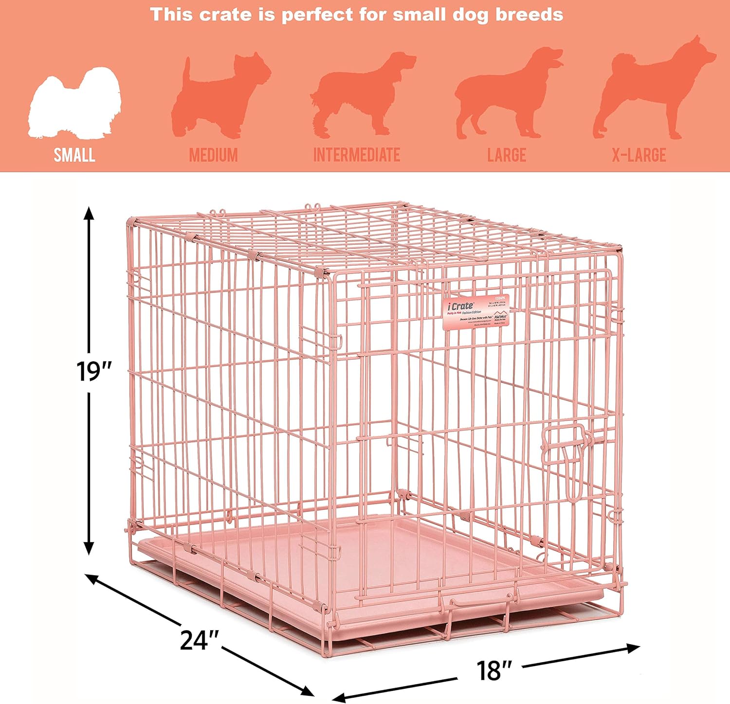 MidWest Homes for Pets 24-Inch Pink Fashion iCrate Single Door Folding Dog Crate, Enhanced Security, Includes Leak-Proof Pan, Divider Panel, Handle, Rubber Feet Pink 24L x 18W x 19H Inches