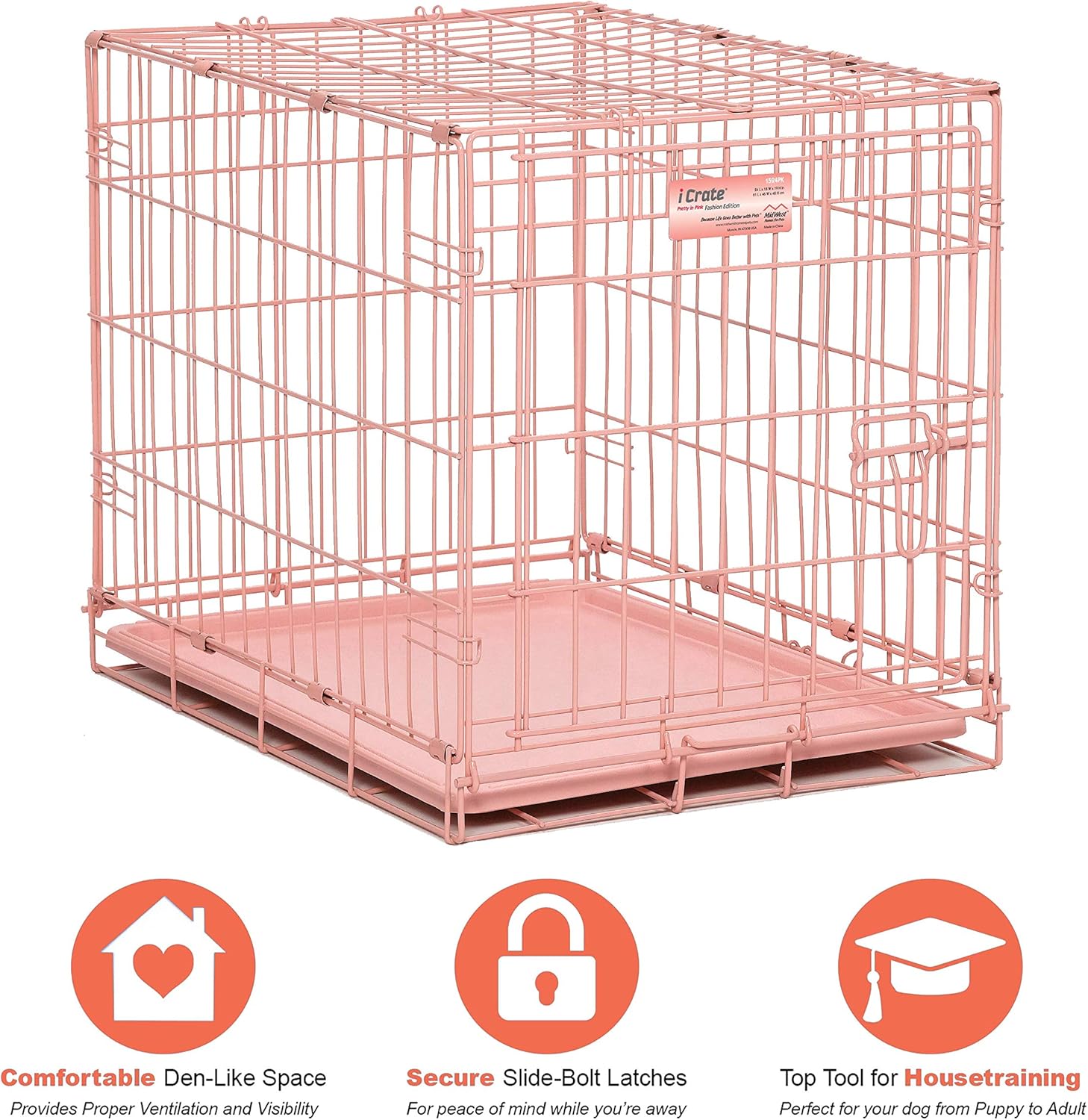 MidWest Homes for Pets 24-Inch Pink Fashion iCrate Single Door Folding Dog Crate, Enhanced Security, Includes Leak-Proof Pan, Divider Panel, Handle, Rubber Feet Pink 24L x 18W x 19H Inches