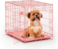 MidWest Homes for Pets 24-Inch Pink Fashion iCrate Single Door Folding Dog Crate, Enhanced Security, Includes Leak-Proof Pan, Divider Panel, Handle, Rubber Feet Pink 24L x 18W x 19H Inches