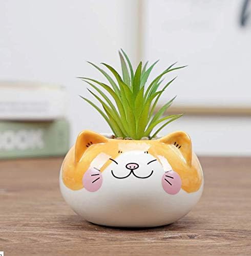 Cuteforyou Cute 3.5 Inches Indoor Cartoon Animal Cat Shaped Ceramic Succulent Cactus Flower Plant Pots with Bamboo Tray-Plant Not Included (Yellow)