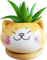 Cuteforyou Cute 3.5 Inches Indoor Cartoon Animal Cat Shaped Ceramic Succulent Cactus Flower Plant Pots with Bamboo Tray-Plant Not Included (Yellow)