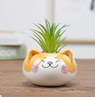 Cuteforyou Cute 3.5 Inches Indoor Cartoon Animal Cat Shaped Ceramic Succulent Cactus Flower Plant Pots with Bamboo Tray-Plant Not Included (Yellow)