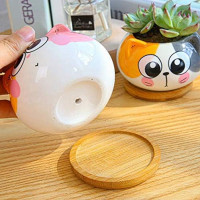 Cuteforyou Cute 3.5 Inches Indoor Cartoon Animal Cat Shaped Ceramic Succulent Cactus Flower Plant Pots with Bamboo Tray-Plant Not Included (Yellow)