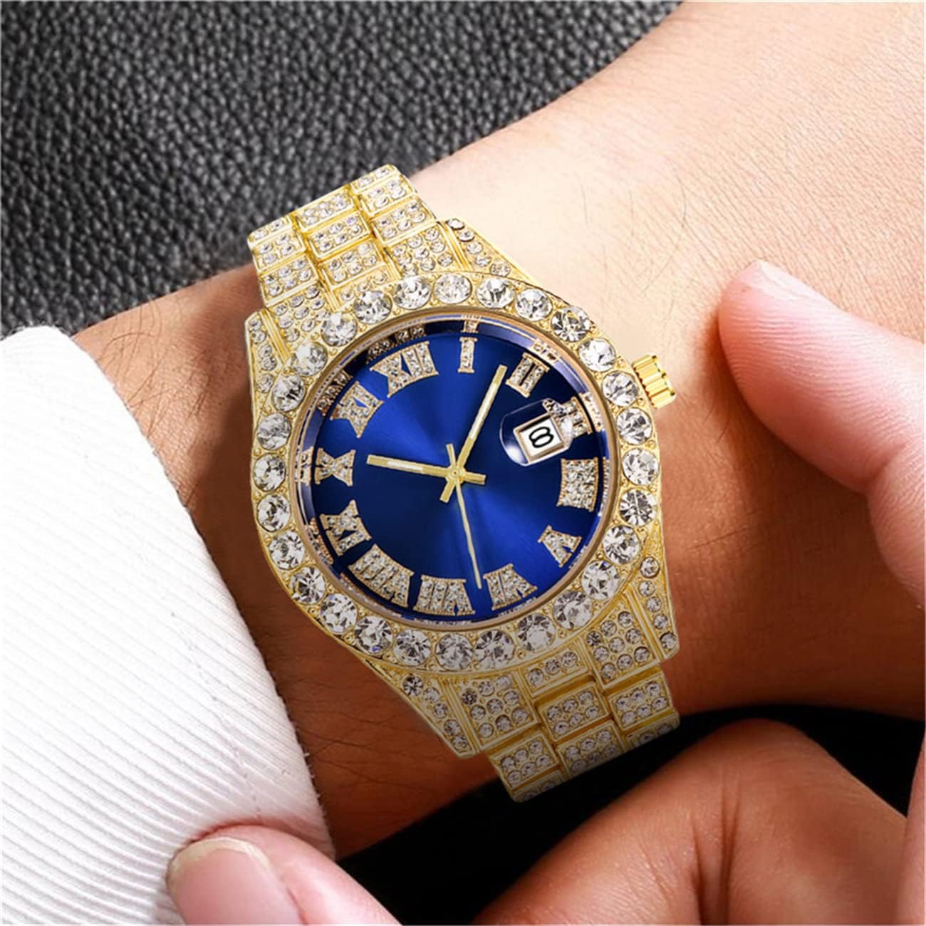 CdyBox 3 Pack Men Hip Hop Watch with Roman Scale Calendar Crystal Rhinestone Watches Stainless Steel Iced-Out Wrist Watch