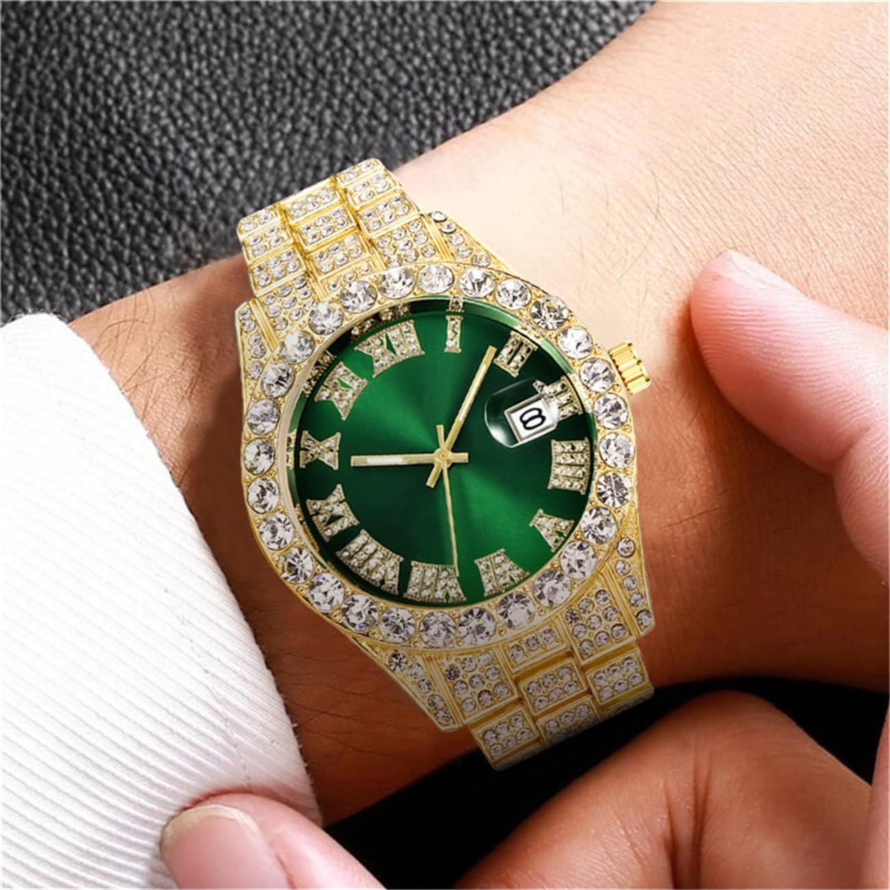 CdyBox 3 Pack Men Hip Hop Watch with Roman Scale Calendar Crystal Rhinestone Watches Stainless Steel Iced-Out Wrist Watch