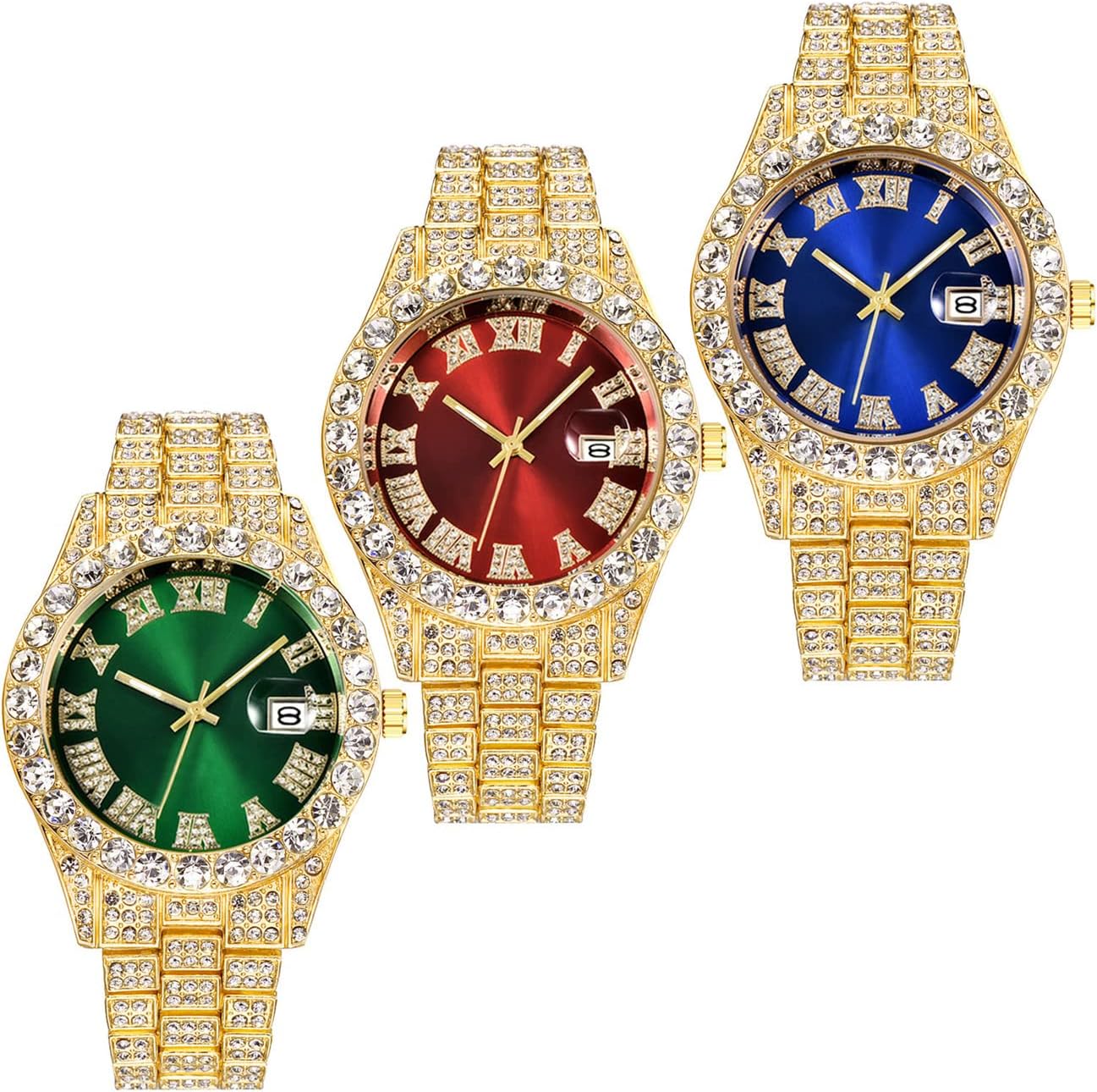 CdyBox 3 Pack Men Hip Hop Watch with Roman Scale Calendar Crystal Rhinestone Watches Stainless Steel Iced-Out Wrist Watch
