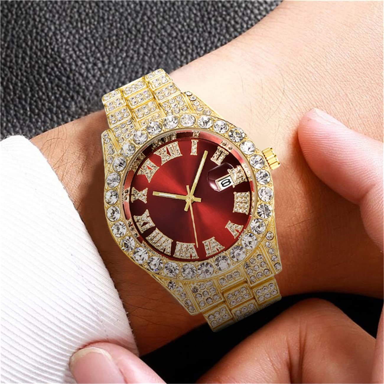 CdyBox 3 Pack Men Hip Hop Watch with Roman Scale Calendar Crystal Rhinestone Watches Stainless Steel Iced-Out Wrist Watch