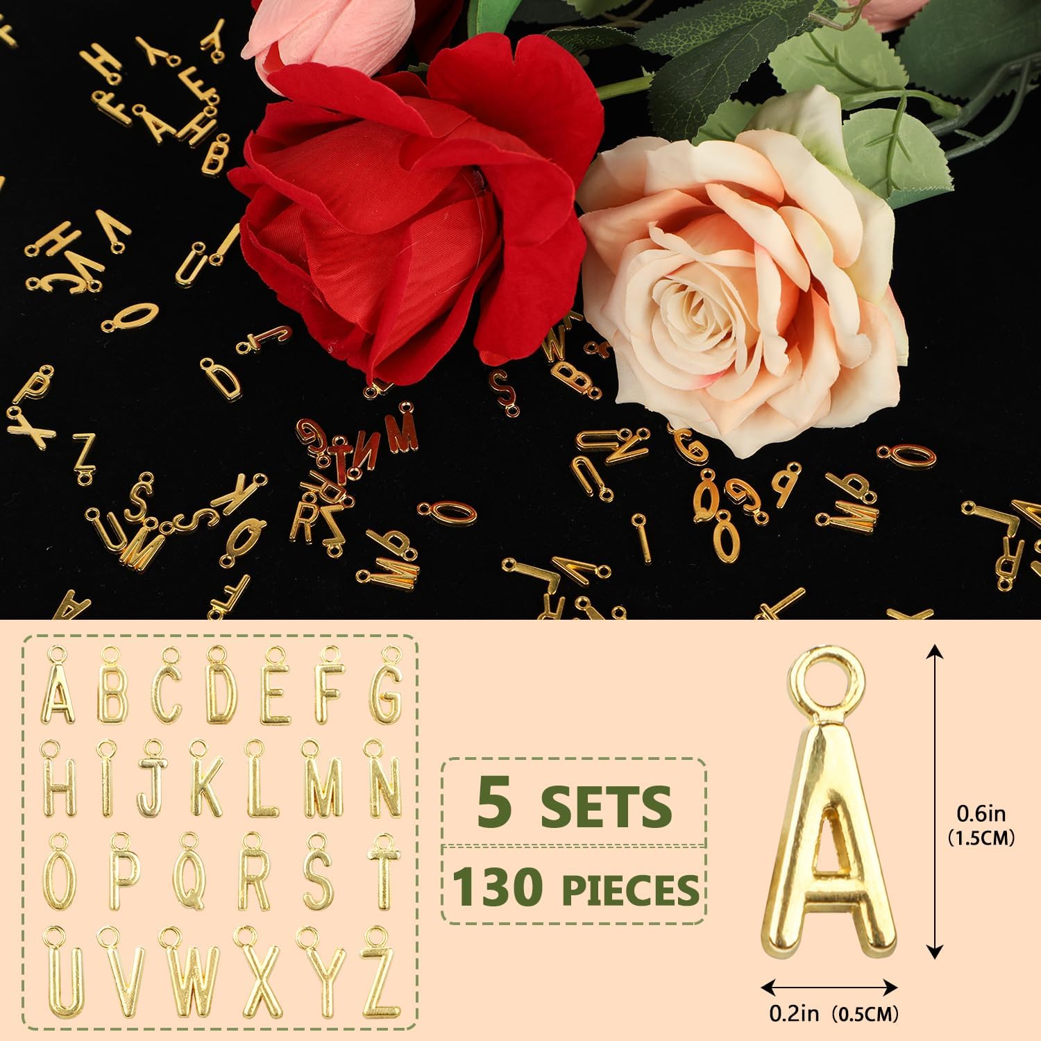 130 Pcs 5 Sets A-Z Alphabet Letter Charms, Gold Alloy Metal Spacer Beads, Slide Glitter Pendants for DIY Craft Bracelet Making Jewelry Wristbands Necklace Choker Keychain