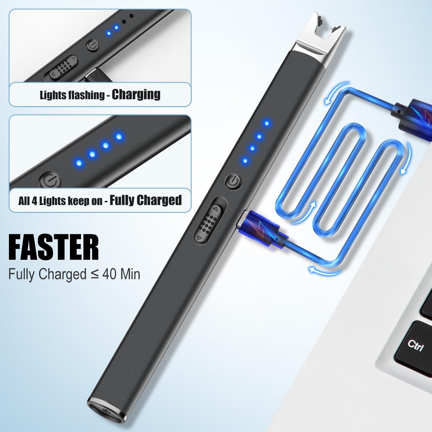 LcFun 2 Pack Candle Lighter USB Rechargeable Electric Plasma Arc Lighters with Safety Lock, Windproof Flameless Long Lighters Matches for Candle, Grill, BBQ, Camping, Gas Stoves (Black, Gold) Black & Gold