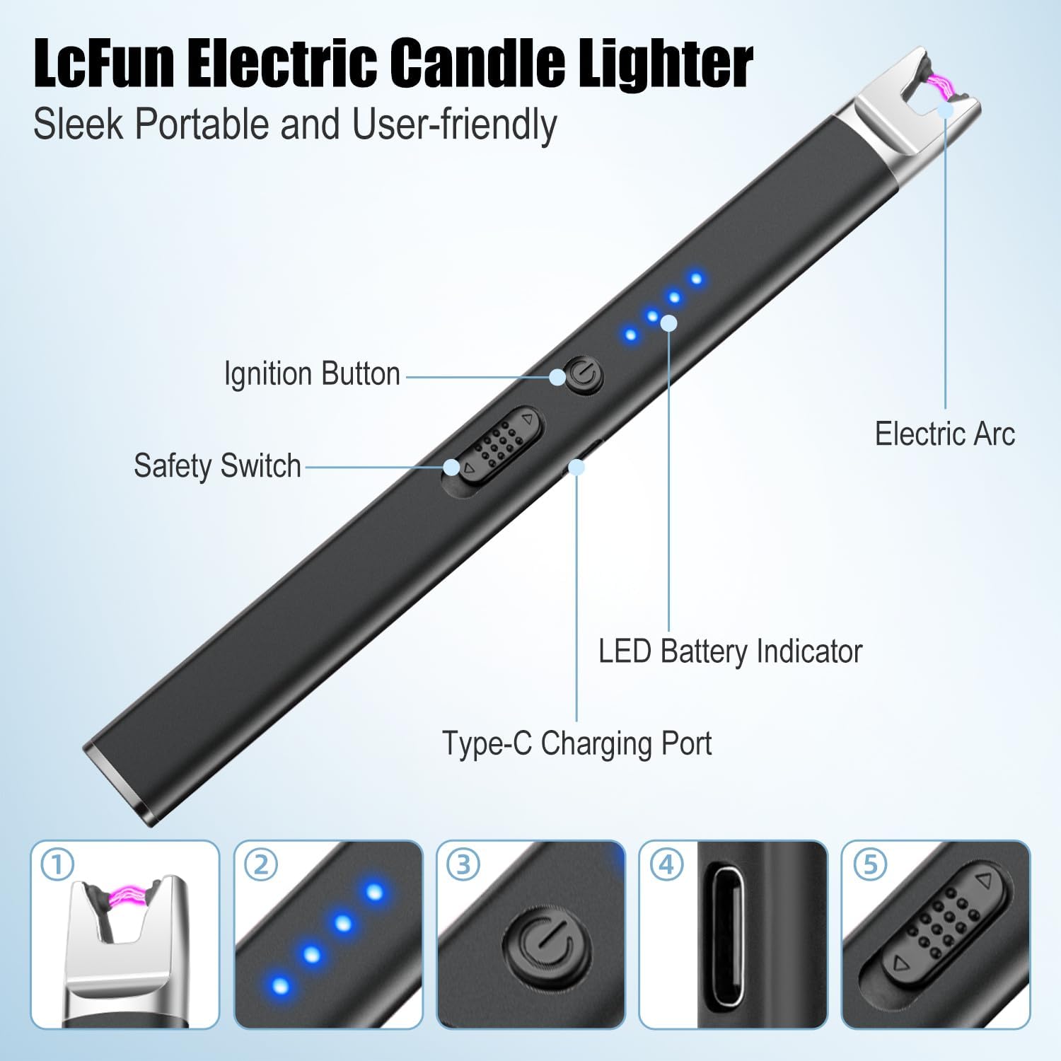 LcFun 2 Pack Candle Lighter USB Rechargeable Electric Plasma Arc Lighters with Safety Lock, Windproof Flameless Long Lighters Matches for Candle, Grill, BBQ, Camping, Gas Stoves (Black, Gold) Black & Gold