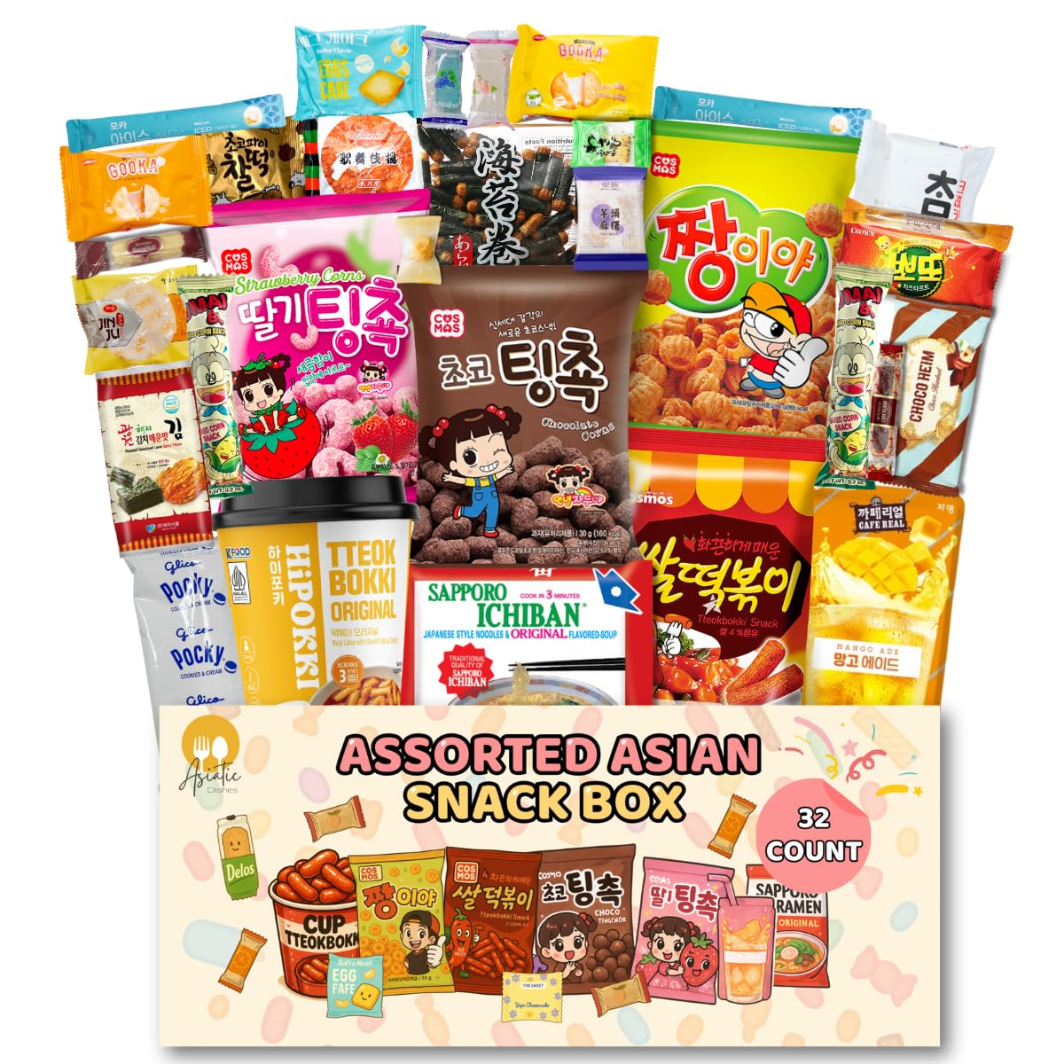 Asiatic Dishes Japanese and Korean Snack Box – 32 Count Variety Pack with Ramen, Drink, Cookies, Chips, Crackers, Coffee Mix – Snacks from Korea, Japan, China, Vietnam – Gift or Care Package for All Ages