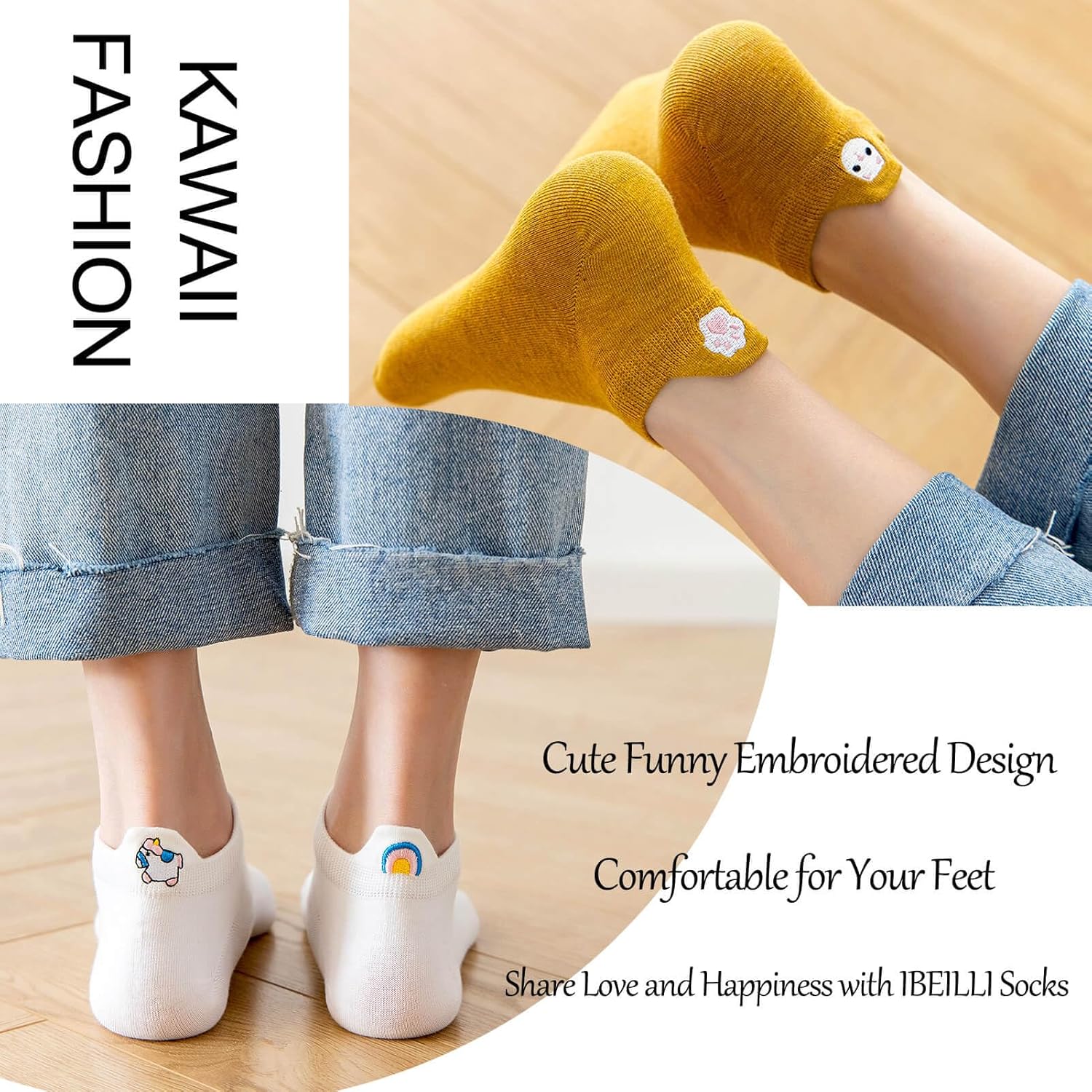 Women Cute Socks 10 Pairs Cotton Kawaii Embroidered Funny Low Cut Socks for Women Girls Ankle Socks Medium-Large 10 Colors 20 Cartoons