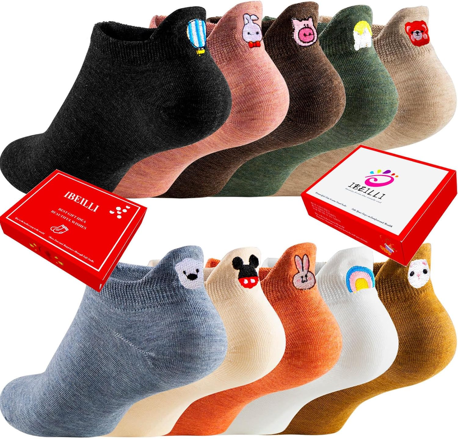 Women Cute Socks 10 Pairs Cotton Kawaii Embroidered Funny Low Cut Socks for Women Girls Ankle Socks Medium-Large 10 Colors 20 Cartoons