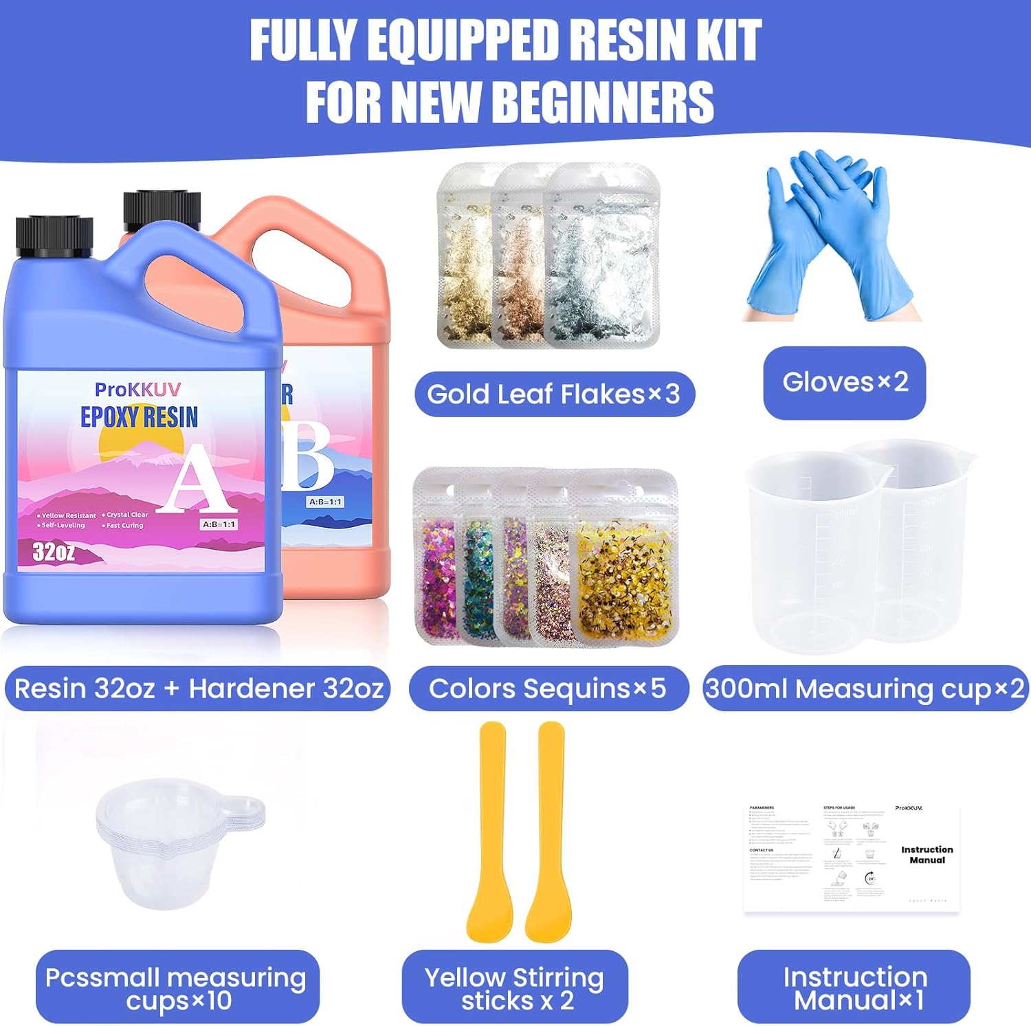 Epoxy Resin Kit, 64OZ Kit Crystal Clear Resin Epoxy, Bubble Free, No Yellowing, UV Resistant, Food Safe with Foil Flakes, Sequin, Easy Mix 1:1 for DIY Crafts Jewelry Making(32OZ x 2)