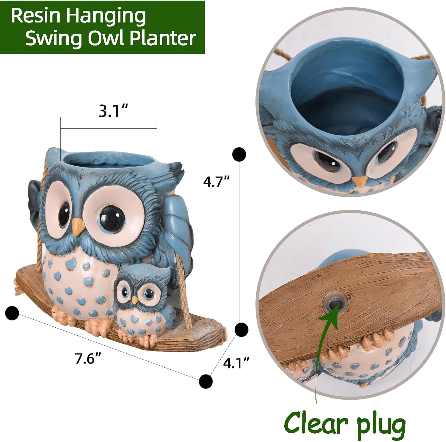 Swing Owl Hanging Planters for Indoor Plants, Cute Small Succulent Pots with Drainage Hole, Unique Resin Plant Hangers Outdoor, Hanging Plant Holder for String Of Pearls, Gift Ideas for Mother Blue-2