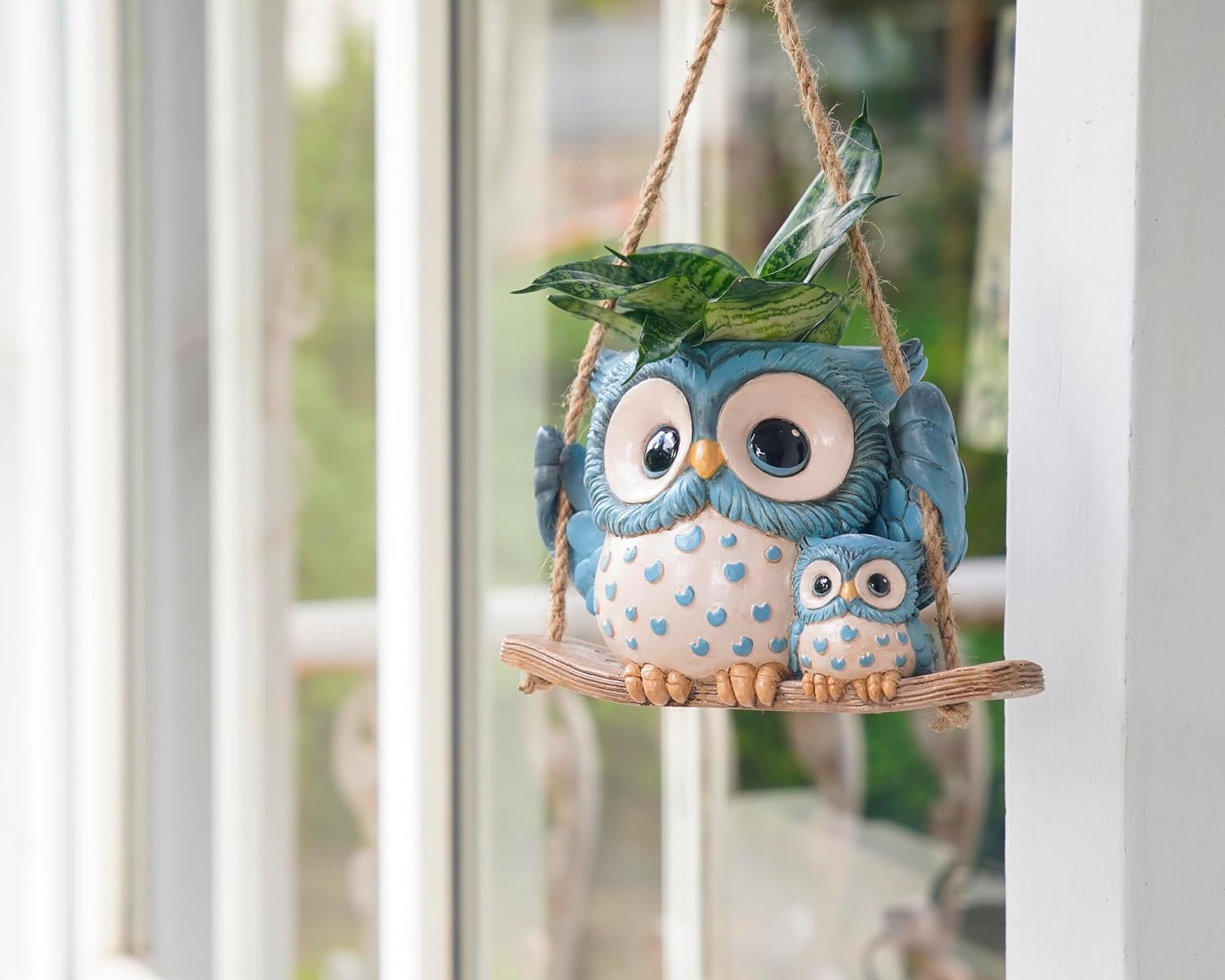Swing Owl Hanging Planters for Indoor Plants, Cute Small Succulent Pots with Drainage Hole, Unique Resin Plant Hangers Outdoor, Hanging Plant Holder for String Of Pearls, Gift Ideas for Mother Blue-2