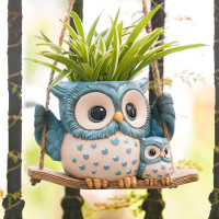 Swing Owl Hanging Planters for Indoor Plants, Cute Small Succulent Pots with Drainage Hole, Unique Resin Plant Hangers Outdoor, Hanging Plant Holder for String Of Pearls, Gift Ideas for Mother Blue-2