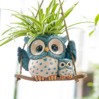 Swing Owl Hanging Planters for Indoor Plants, Cute Small Succulent Pots with Drainage Hole, Unique Resin Plant Hangers Outdoor, Hanging Plant Holder for String Of Pearls, Gift Ideas for Mother Blue-2