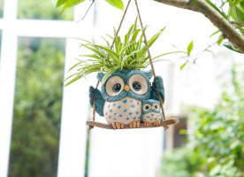 Swing Owl Hanging Planters for Indoor Plants, Cute Small Succulent Pots with Drainage Hole, Unique Resin Plant Hangers Outdoor, Hanging Plant Holder for String Of Pearls, Gift Ideas for Mother Blue-2