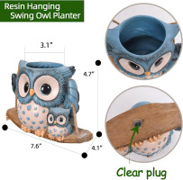 Swing Owl Hanging Planters for Indoor Plants, Cute Small Succulent Pots with Drainage Hole, Unique Resin Plant Hangers Outdoor, Hanging Plant Holder for String Of Pearls, Gift Ideas for Mother Blue-2